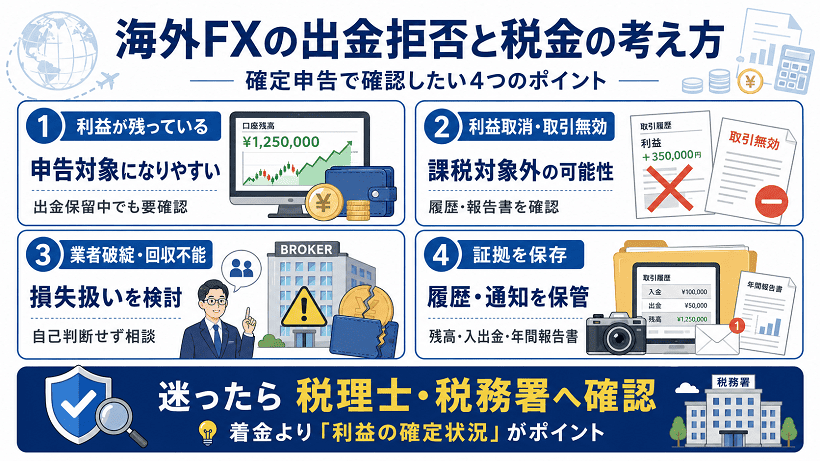 海外FXで出金拒否にあった場合の税金・確定申告の4つの考え方