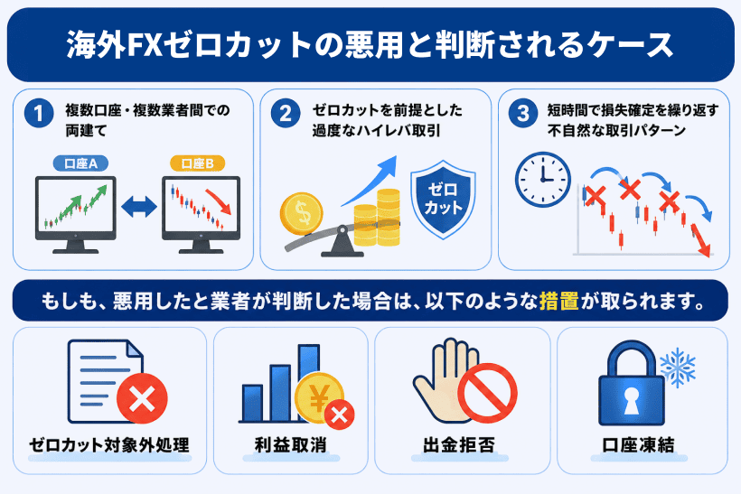 海外FXのゼロカット悪用に関する禁止行為一覧と、違反時のリスクをまとめた比較図解