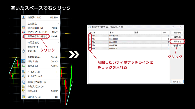 MT４でフィボナッチラインを削除する方法2の図解