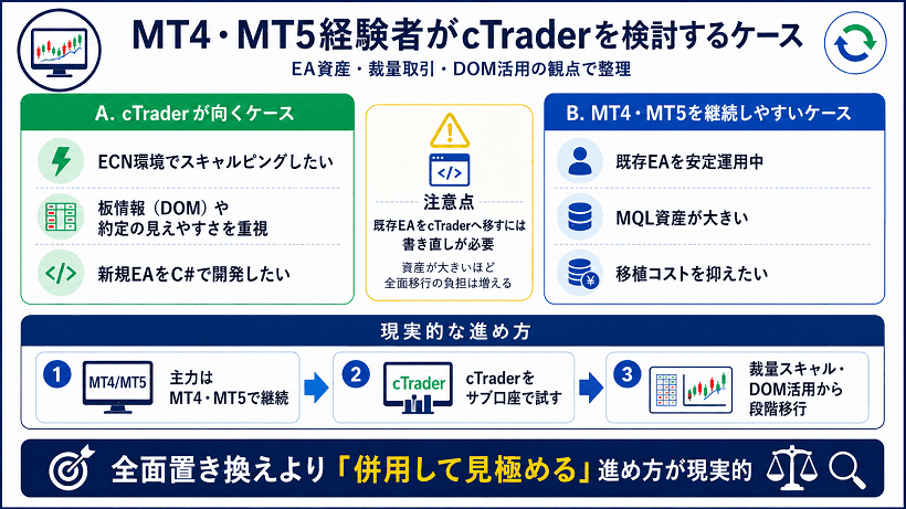 MT4・MT5経験者がcTrader移行や併用を検討する判断ポイントの図解