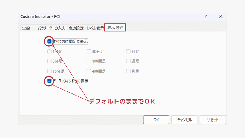 MT4でRCIの表示選択設定画面