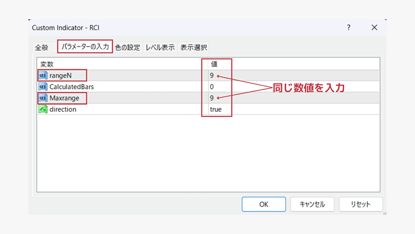 MT4でRCIのパラメーター入力設定画面