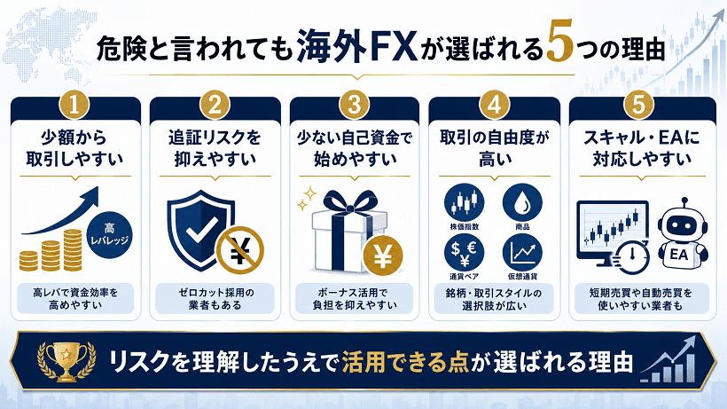 危険と言われても海外FXが選ばれる5つの理由をまとめた図