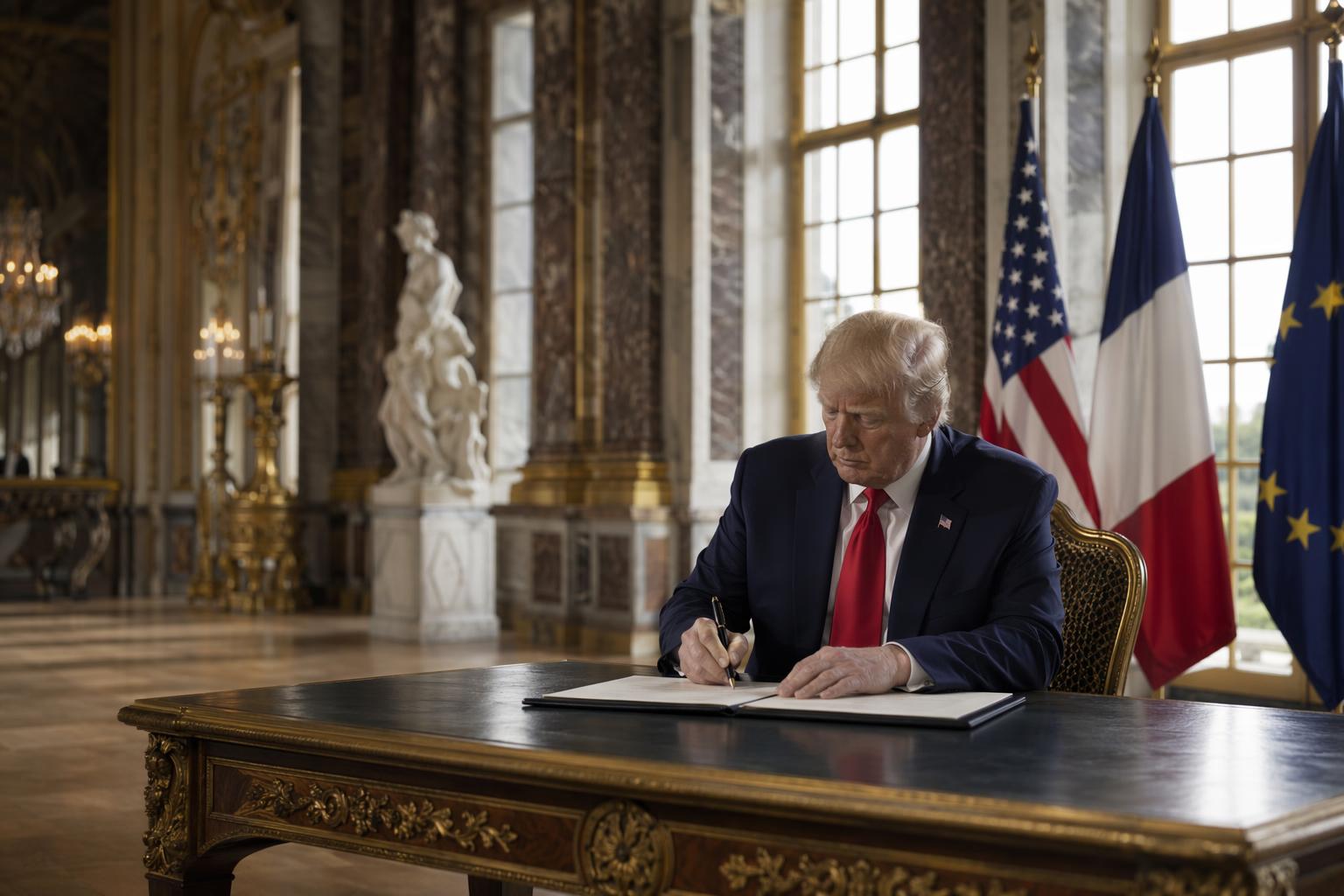 Trump Signs Iran Ceasefire Memo at Versailles Palace
