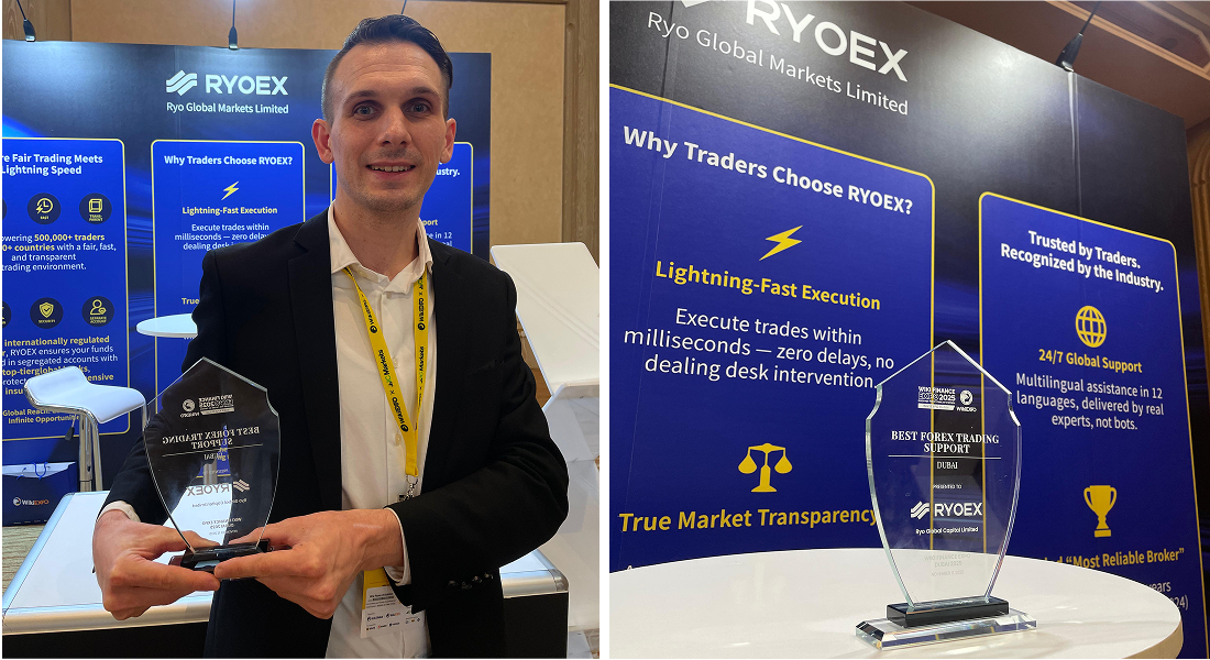 A RYOEX staff member holding a trophy